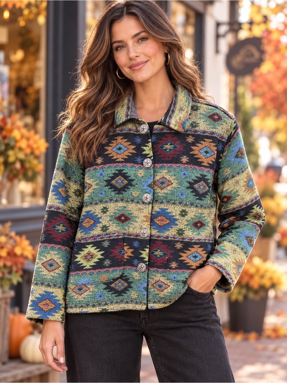 June Ashley Women’s Southwestern Tapestry Jacket Multicolor Button Front Medium